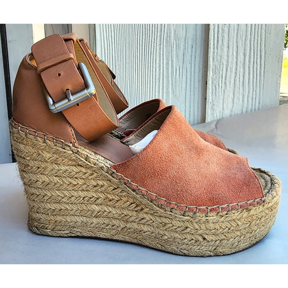 Marc Fisher Sz 6.5M Peach Pink Suede MLADALYN Espadrille Wedge Sandals Resort